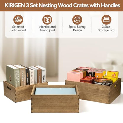 KIRIGEN Nesting Wood Crates with Handles, Set of 3 Storage Boxes Brown - color: Dark Brown