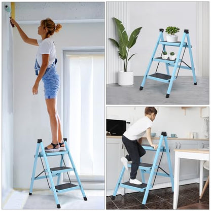 3 Step Ladder, Folding Step Stool for Adults, Lightweight Aluminum Step Ladder, Portable 330 LBS Capacity Ladders for Home Kitchen Library Office, Small Step Stools with Anti-Slip Wide Pedals, Blue