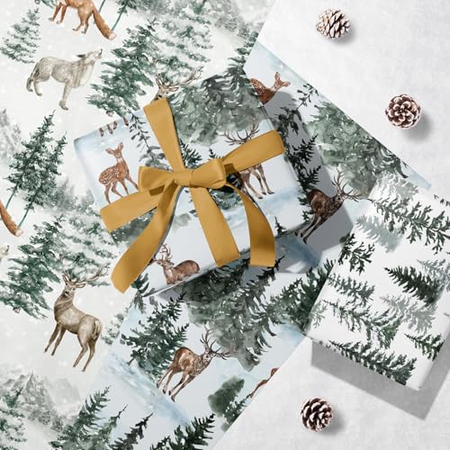 WRAPAHOLIC Kraft Christmas Wrapping Paper Roll - Mini Roll - 3 Rolls - 17 Inch x 120 Inch Per Roll - Watercolor Elk, Wild Animal and Winter Forest Landscape Holiday Collection - color: Blue Wild Animals
