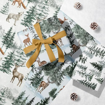 WRAPAHOLIC Kraft Christmas Wrapping Paper Roll - Mini Roll - 3 Rolls - 17 Inch x 120 Inch Per Roll - Watercolor Elk, Wild Animal and Winter Forest Landscape Holiday Collection - color: Blue Wild Animals