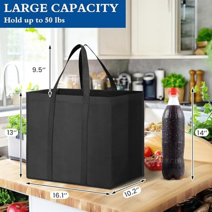 Reusable Grocery Shopping Bags 10 Pack Large Foldable Tote Bags Bulk - color: Black