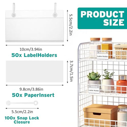 Meetory Basket Labels - 50PCS Shelf Label Holder with Easy Button Lock Design, Wire Shelf Label Holder, Wire Rack Display Holder Price Sign for Market