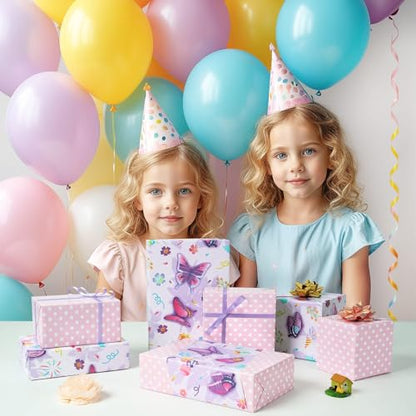 WERNNSAI Butterfly Wrapping Paper Girl, 33 ft Reversible Polka Dot Design - color: Butterfly