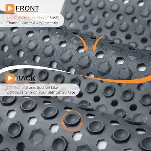 Yimobra Bathtub Mat Non Slip, 34.5"X15.5" Long Shower Mat for Inside Shower, Machine Washable Bath Mat with Drain Holes & Strong Suction Cups, Soft on Feet, Bathroom Essentials, Dark Grey - color: Dark Grey, size: 34.5 X 15.5 Inch