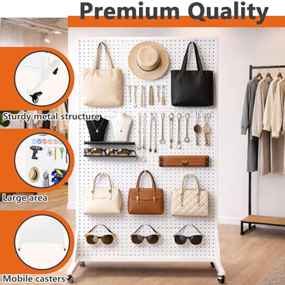 Royxen 70 x 44 Inch Metal Pegboard with 40 Hooks, Large Standing Pegboard Display with T-Base, Peg Board Display Stand with Wheels, Art Display Stand for Retail Stores Exhibitions Homes (White) - color: White