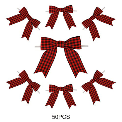 Meseey 50 Pcs 3 Inch Grosgrain Ribbon Twist Ties & Bows - Black & Red Buffalo Plaid Check Premade Craft Bows for Treat Bags & Gift Wrapping - Christmas Party - color: Red and black