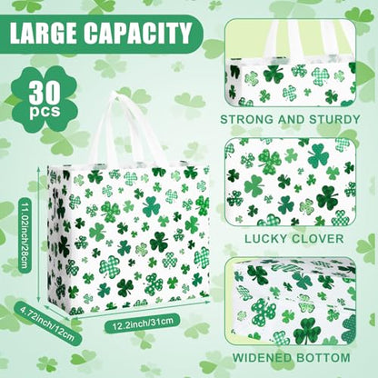 Abbylike 30 Pcs St Patrick's Day Lucky Gift Bag Large Irish Gift Bags Shamrock Candy Green Non Woven Bags for Party Favor - style: Shamrock
