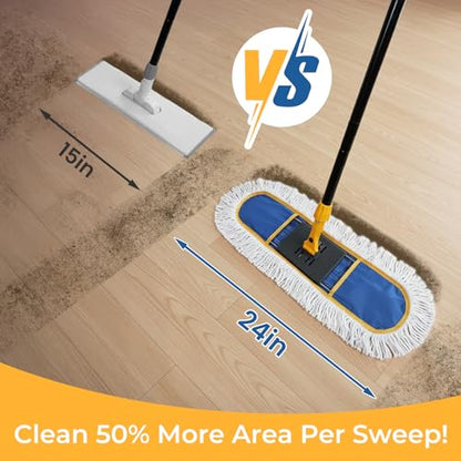 24”Dust Mop for Floor Cleaning, Heavy Duty Sweeper Broom Catches Dust, Pet Hair, and Debris, Washable 2 Cotton Mop Pads, Floor Duster for Hardwood, Tile, Laminate, and LVP Flooring