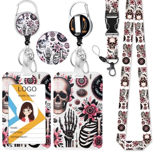 Funny Skull ID Badge Holder with Lanyard and Retractable Badge Reel - color: Skull and Floral