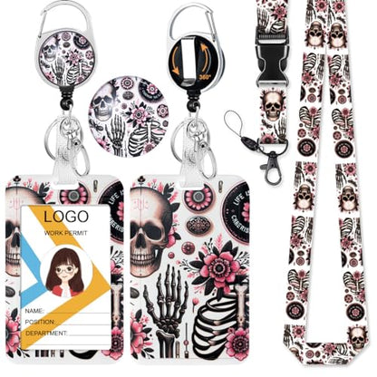 Funny Skull ID Badge Holder with Lanyard and Retractable Badge Reel - color: Skull and Floral
