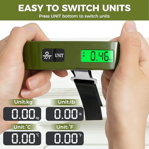 BAGAIL Digital Luggage Scale, 110lbs Hanging Baggage Scale with Backlit LCD Display, Portable Suitcase Weighing Scale, Travel Luggage Weight Scale with Hook, Strong Straps for Travelers - color: Olive Green