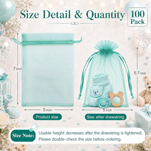 Jexila 100 Pack Teal Organza Gift Bags 5X7 Satin Drawstring Mesh Gift Pouch - color: Aqua