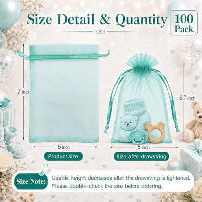 Jexila 100 Pack Teal Organza Gift Bags 5X7 Satin Drawstring Mesh Gift Pouch - color: Aqua
