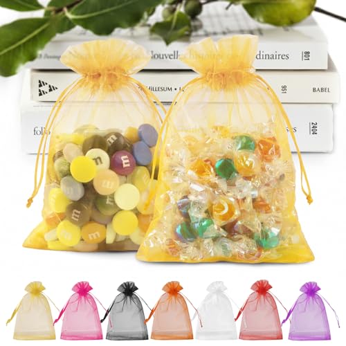 ANZNKU 50 Pack Gold Organza Bags 4 x 6 inch, Small Mesh Gift Bags with Drawstring for Party Favor Halloween Candy Jewelry Pouches & Wedding Birthday Baby Shower - color: Gold