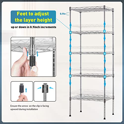 5 Tier Metal Shelving Unit, 16.7 x 11.8 x 47.6 Wire Rack - color: Chrome, size: 11.8"D x 16.7"W x 47.6"H
