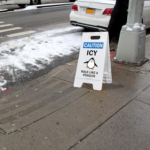 SmartSign 25 x 12 inch “Caution - ICY, Walk Like A Penguin” Two-Sided Folding Floor Sign, Digitally Printed Plastic, Blue, Black & White