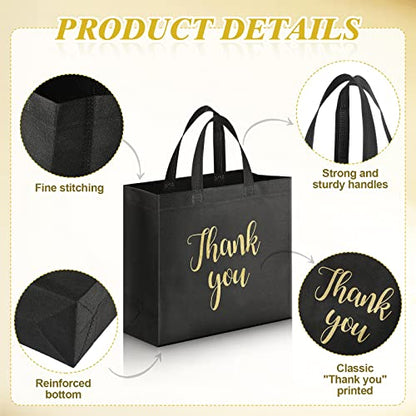 Fumete 50 Pcs Reusable Thank You Gift Bags Bulk Non Woven, Black, Gold