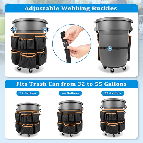 HODRANT Trash Can Caddy Bag with 13 Pockets Fit 32-55 Gallon Garbage Bin - color: Black with orange edge