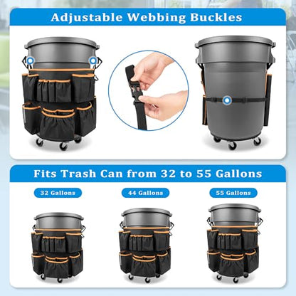 HODRANT Trash Can Caddy Bag with 13 Pockets Fit 32-55 Gallon Garbage Bin - color: Black with orange edge