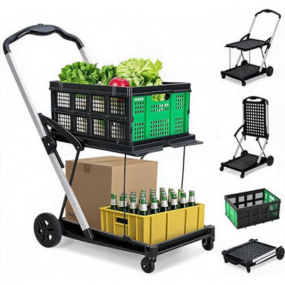 Jojoka Heavy Duty 2-Tier Collapsible Garden Cart – Lightweight Aluminum Frame – 360° Swivel Wheels – Removable Crate for Market, Home, Supermarket – 198 lbs Capacity, Green - color: Green