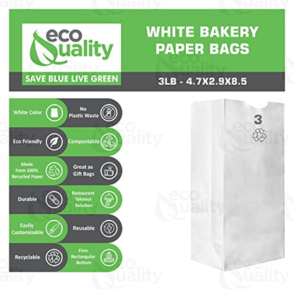 EcoQuality Kraft Paper Bags - Medium 3LB Capacity, Ideal for Lunch, Bakery, Candy, Grocery, Craft Use - 2000 Count (#3)