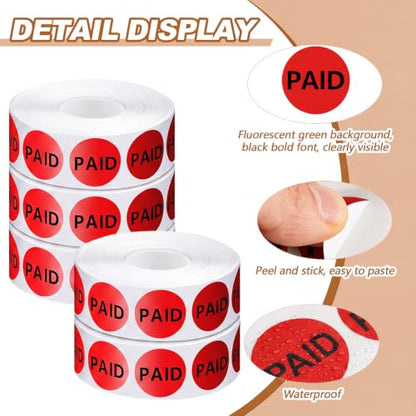 Zhanmai 5Roll 5000 Pcs 1" Paid Stickers Self Adhesive Label Fluorescent Red - color: Red