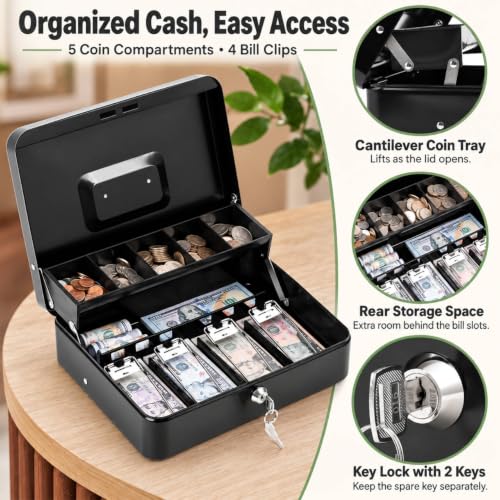 KYODOLED Cash Box with Money Tray and Key Lock, 1mm Thick Metal Cash Drawer - color: Black