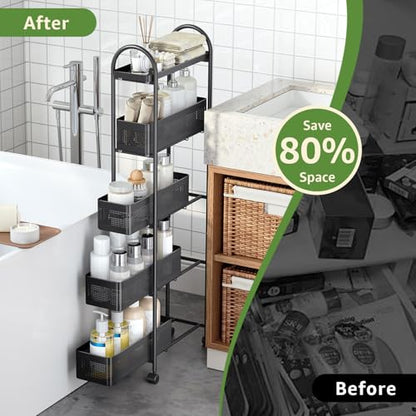 KINGRACK 5 Tier Slim Rolling Cart with Drawer, Metal Utility Storage Cart - color: Black, size: 5 Tier