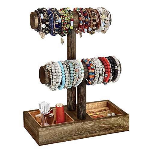 LadyRosian 2 Tier Wooden Display Jewelry Accessory Stand Jewelry Bracelet Holder Bangle Watch Necklace Storage Jewelry Box Organizer, (Brown-2 layers) - color: Brown 2-Tier