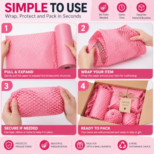 Pink Honeycomb Packing Paper, 12" x 100 ft, Gift Wrapping Paper - color: Pink, size: 12 Inch x 100 Feet