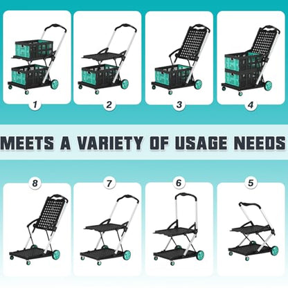 Collapsible Shopping Cart, Foldable Shopping Cart with 2 Storage Crates, 350 LBS Capacity 2-Tier Multi Use Heavy Duty Adjustable Grocery Carts for Supermarket, Office and Outdoor