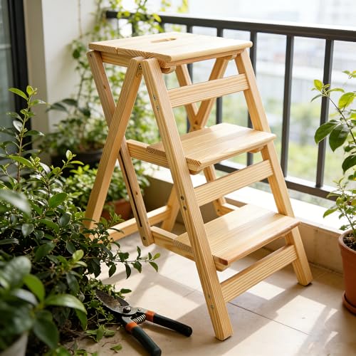 3-Step Wooden Folding Step Stool – Solid Pine Frame, Non-Slip Steps, Anti-Scratch Base, 337lb Capacity – No Assembly Required, Space-Saving for Kitchen & Home – Walnut (Natural Wood) - color: Natural Wood