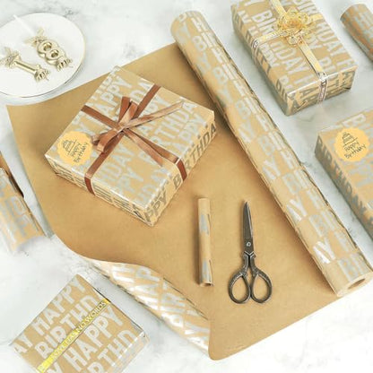 MAMUNU Birthday Wrapping Paper Roll, Silver and Brown Kraft Happy Birthday Wrapping Paper Jumbo Roll for Boys Girls Women Men, 17x590 inch (70 sq. ft.) - color: Silver