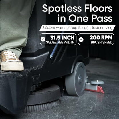 Battery Powered Ride-On Commercial Floor Scrubber Machine, 22" Brush, 31.5" Squeegee Width, 19 gal Solution Tank, 20 gal Recovery Tank, 5 hr Use 7 hr Charge, 200 RPM, 48,400 Sqft/H, Batteries Included - size: 22"