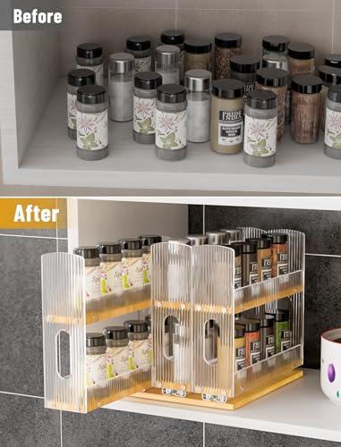 NiHome Bamboo Pull-Out Spice Rack Organizer for Cabinet, 3-Drawer Vertical Slide Out Seasoning Rack Storage Shelf for Kitchen Pantry, Bamboo Frame with Wave-Pattern Acrylic Divider (8.5” Wide, 2-Tier)
