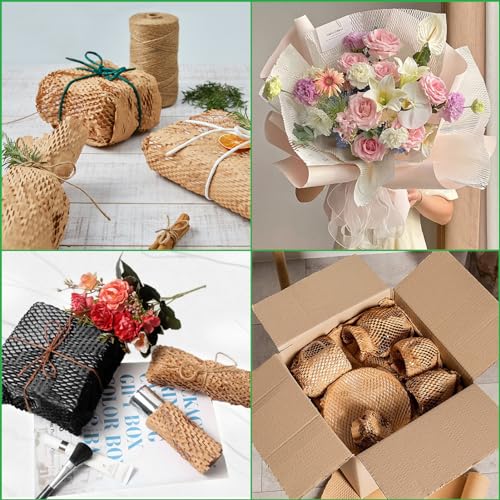 Honeycomb Packing Paper PINENUTS 15" x 131' Eco Friendly Packing for Moving Recyclable Honeycomb Paper Bubble Wrapping with 30 Fragile Sticker Labels and 66fthemp rope (Brown) - color: Brown