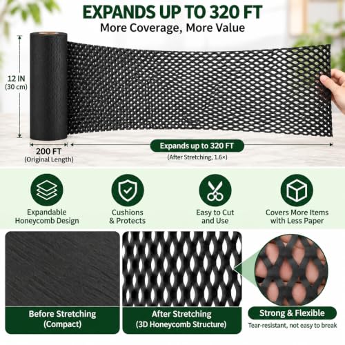Black Honeycomb Packing Paper, 12" x 200 ft, Shipping & Gift Wrap - color: Black, size: 12 Inch x 200 Feet