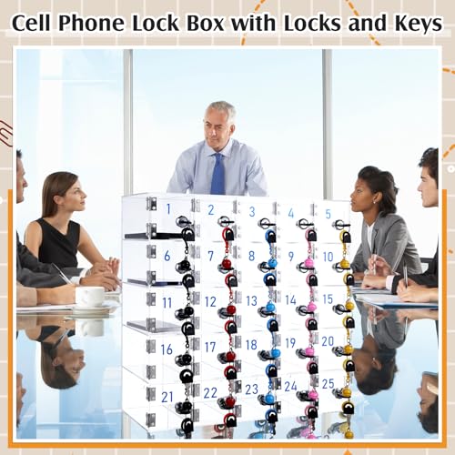 25 Doors Cell Phone Locker Box with Charging Hole (Upgrade Size), Clear Acrylic Cell Phone Storage Cabinet Wall Mounted, Locks, Key, Number for Classroom Employee Office School Factory - style: 25 Doors