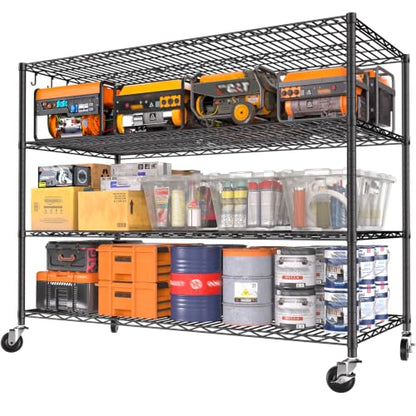 Heavy Duty Garage Shelving with Wheels: 55.5" W x 24" D x 81" H 4 Tier Wire Metal Storage Shelves, Adjustable NSF Commercial Shelf, Rolling Tote Rack Organizer for Pantry, Warehouse, Black - size: 55.5"W x 24"D x 81"H