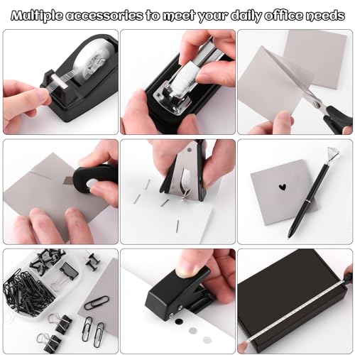 Black Desk Accessory Kit Cute Office Supplies Set Desktop Stapler Set Includes Staple Remover Hole Punch Tape Dispenser Ballpoint Pen Scissor Mini Box Cutter Tape Measure Paper Clips Sticky Notes - color: Black