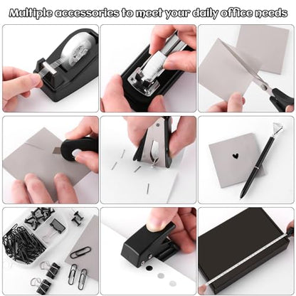 Black Desk Accessory Kit Cute Office Supplies Set Desktop Stapler Set Includes Staple Remover Hole Punch Tape Dispenser Ballpoint Pen Scissor Mini Box Cutter Tape Measure Paper Clips Sticky Notes - color: Black