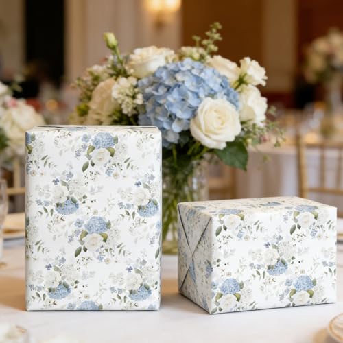 Cuitpan Reversible Floral Wrapping Paper Roll – Blue Hydrangea & White Rose, Light Blue on Back Side, Gift Wrap for Wedding, Bridal Shower, Anniversary, Mother's Day, Birthday, 17 Inches x 16.5 Feet - color: Floral-Blue