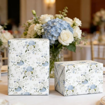 Cuitpan Reversible Floral Wrapping Paper Roll – Blue Hydrangea & White Rose, Light Blue on Back Side, Gift Wrap for Wedding, Bridal Shower, Anniversary, Mother's Day, Birthday, 17 Inches x 16.5 Feet - color: Floral-Blue