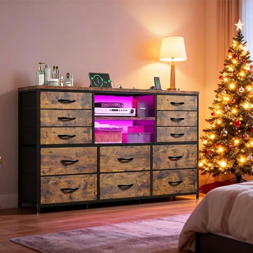 EnHomee Dresser for Bedroom with LED Lights & Charging Station - color: Rustic Brown