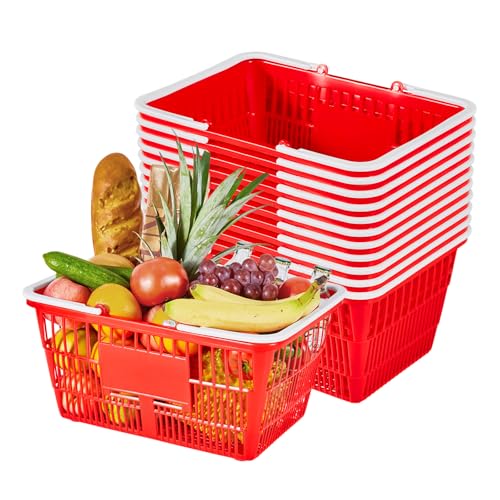 VEVOR Shopping Baskets, 12 PCS, 21L Stackable PE Plastic Grocery Baskets with Handles, Dense Mesh Structure, Holds up to 20 lbs, Portable for Grocery, Retail, Stores, Supermarket, Home Use, Red - style: Plastic Red (12 PCS)