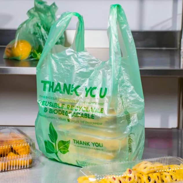 Pack of 50 T-Shirt Bags with Handles 22" x 12" Green Biodegradable Plastic Shopping Thank You Bags for Supermarket Groceries Retail Store Restaurant Small Business and On The Go Use - style: 50 pcs