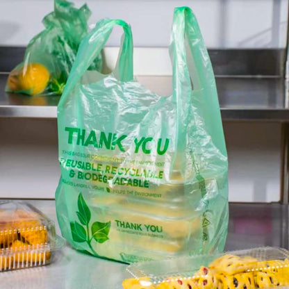 Pack of 50 T-Shirt Bags with Handles 22" x 12" Green Biodegradable Plastic Shopping Thank You Bags for Supermarket Groceries Retail Store Restaurant Small Business and On The Go Use - style: 50 pcs