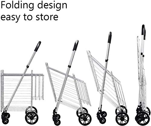 ReunionG Folding Shopping Cart, Double Basket Supermarket Cart with Adjustable Wide Cushion Handle Bar and Swivel Wheels, Suitable for Grocery Book Luggage Travel Laundry, Large Utility Carts (Silver)