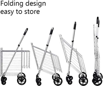 ReunionG Folding Shopping Cart, Double Basket Supermarket Cart with Adjustable Wide Cushion Handle Bar and Swivel Wheels, Suitable for Grocery Book Luggage Travel Laundry, Large Utility Carts (Silver)