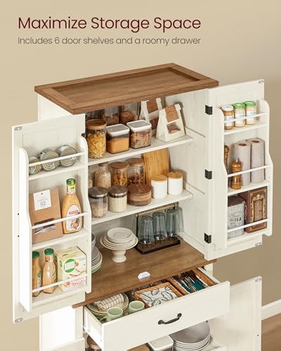 VASAGLE Pantry Cabinet, Freestanding Tall Cupboard with a Drawer - color: Rustic White